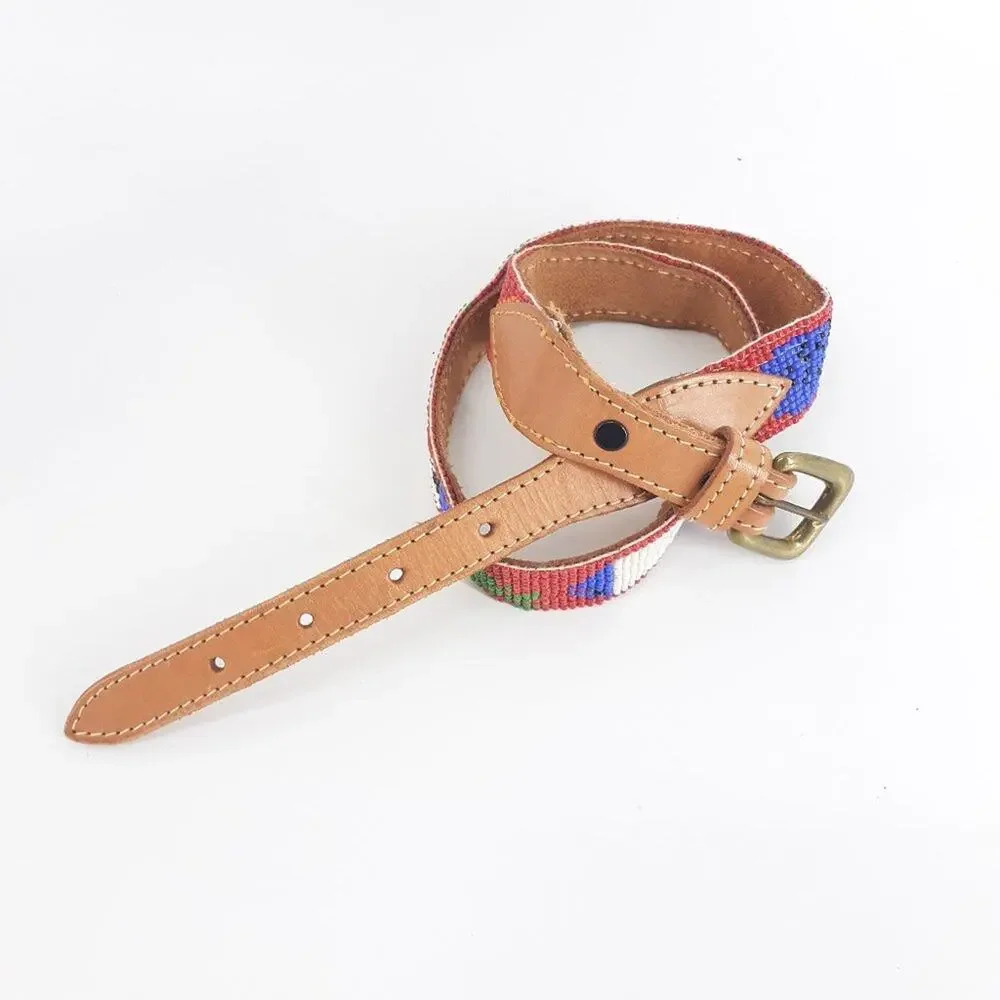 CDE Women's Beaded Fish Multicolored Belt Leather Boho Red White Blue size 28
